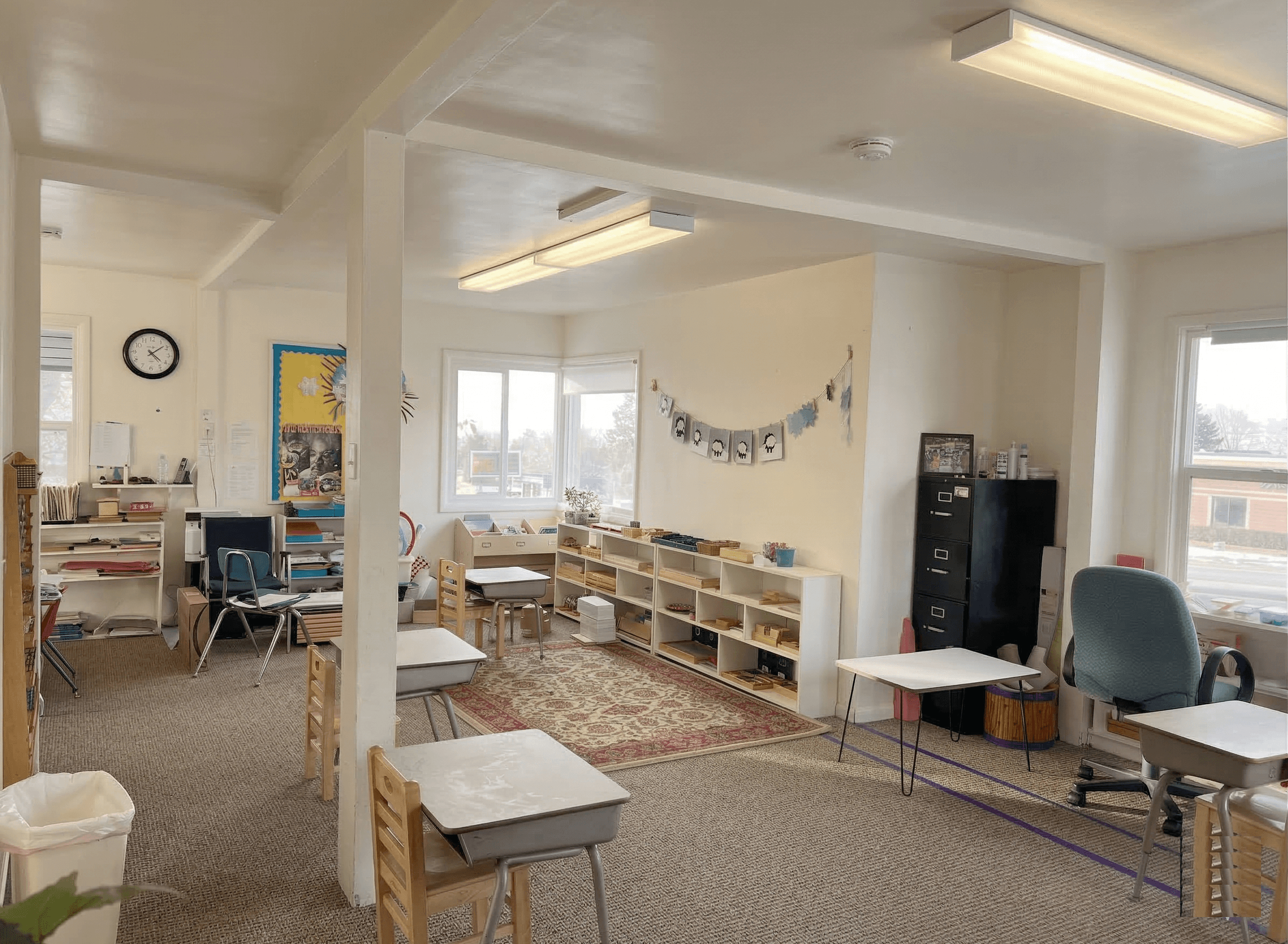 School-age room with shelves and work area